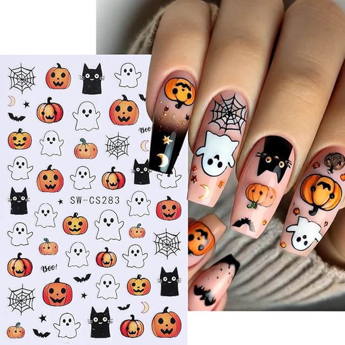 Halloween Nail Stickers Cat Ghost Skull Nail Art Stickers Spider Web Nail Decals DIY Self Adhesive Cute Cartoon Pumpkin Butterfly Design Sticker Nail Decoration for Women Manicure Accessories 6Pcs