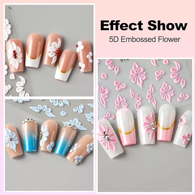 Flower Nail Stickers,9 Sheets 5D Embossed Floral Self-Adhesive Nail Decals,Pink White Blue Elegant Lace Flowers Petals Nail Art Design for Spring Summer Manicure Decor DIY Nail Supplies