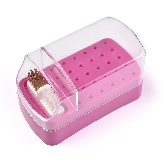 2 in 1 Nail Drill Bit Holder & Nail Drill Bit Cleaner Brush Case 30 Holes Dustproof Nail Drill Bit Display Stand Organizer Box Manicure Drill Bits Cleaning Brush Bits Storage Tool, Rose Red