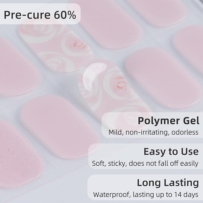 Semi Cured Gel Nail Strips | 28 pcs Gel Nails Strips for Women Work with Any UV Lamp, UV Nail Stickers for Women Home DIY Nails Art(Pink Rose)