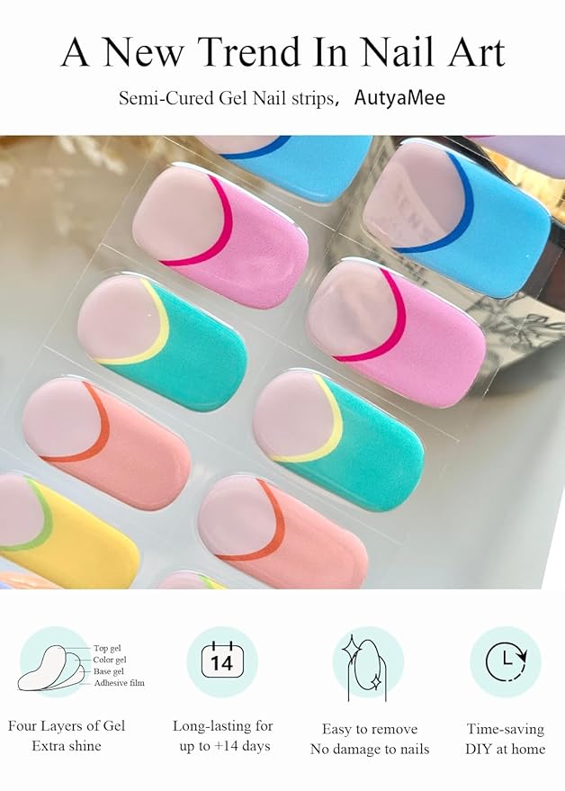 Semi Cured Gel Nail Strips (Candy French), Macaron, 20 Pcs Gel Nail Wraps, Stickers, UV Light Required, Salon Quality, Long Lasting