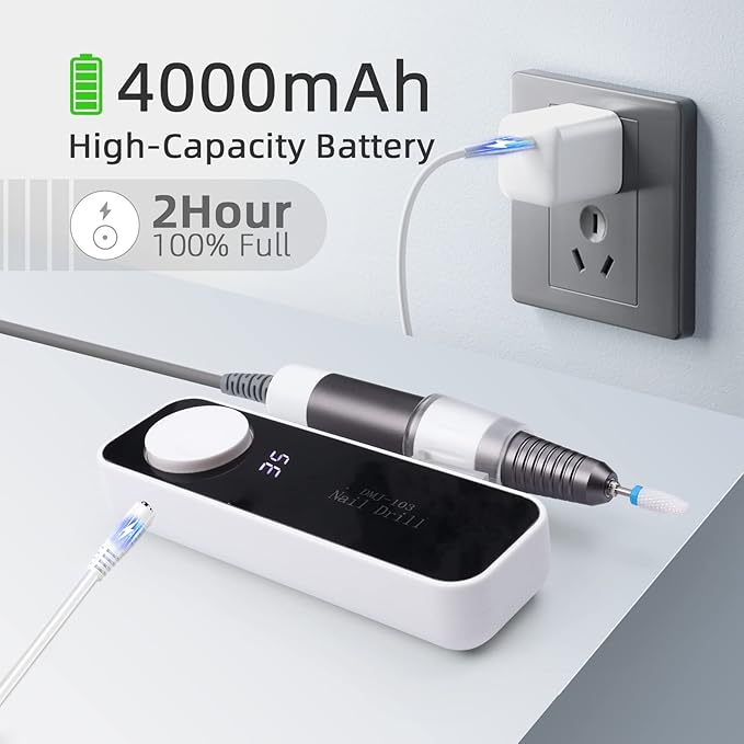 SAVILAND Electric Nail Drill 35000RPM: High Speed Portable Nail Drill Machine Nail File with Ceramic Corn Bit USB Rechargeable for Acrylic Gel Nails Removal Manicure Pedicure Kit for Home Salon White