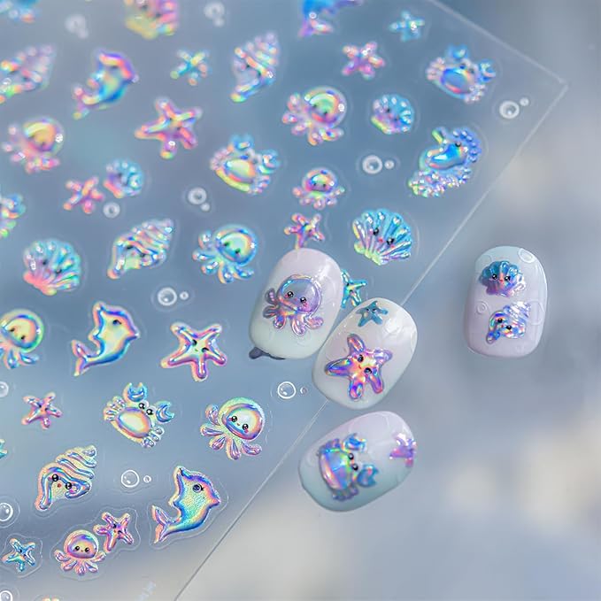 Summer Nail Art Stickers 5D Jelly Embossed Conch Shell Nail Decals Cute Jellyfish Crab Dolphin Starfish Nail Stickers Blue Ocean Animal Nail Supplies for Women Manicure Decoration 1 Sheets