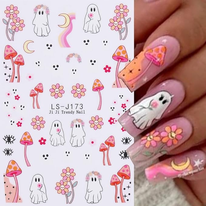 Halloween Nail Stickers Pumpkin Ghost Nail Art Stickers DIY Self Adhesive Nail Decals Cat Bat Mushroom Ghost Design Sticker Nail Decoration Supplies Holiday Manicure Accessories for Women Girls 6Pcs