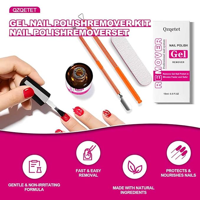 Gel Nail Polish Remover Kit - 2PCS 15ML(0.5fl.oz) Fast Gel Remover No Soaking or Wrapping Needed, Includes Cuticle Pusher & Scraper & File, Easy Removal for Gel Nails