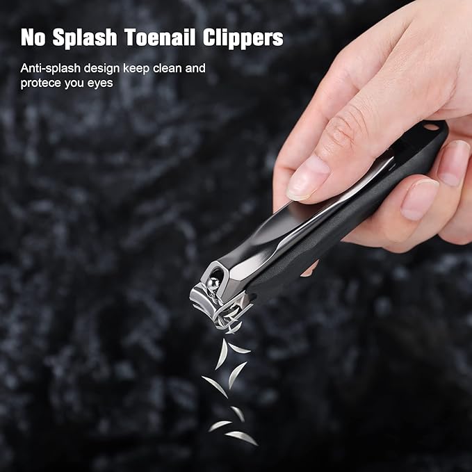FERYES 3-in-1 Fingernail Clipper with No-Splash Nail Catcher and Metal Storage Box - Toenail Clipper with Nail File for Men & Women - Black