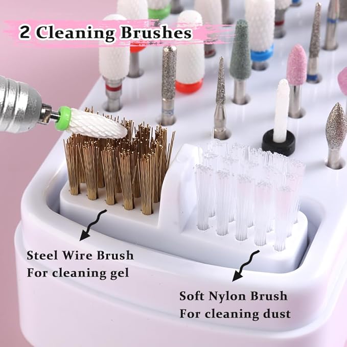 2 in 1 Nail Drill Bits Holder and Nail Drill Bits Cleaner Brush Case, 30 Holes Dustproof Stand Display Organizer Container with Steel Wire & Nylon Double Brush Manicure Drill Clean Tools