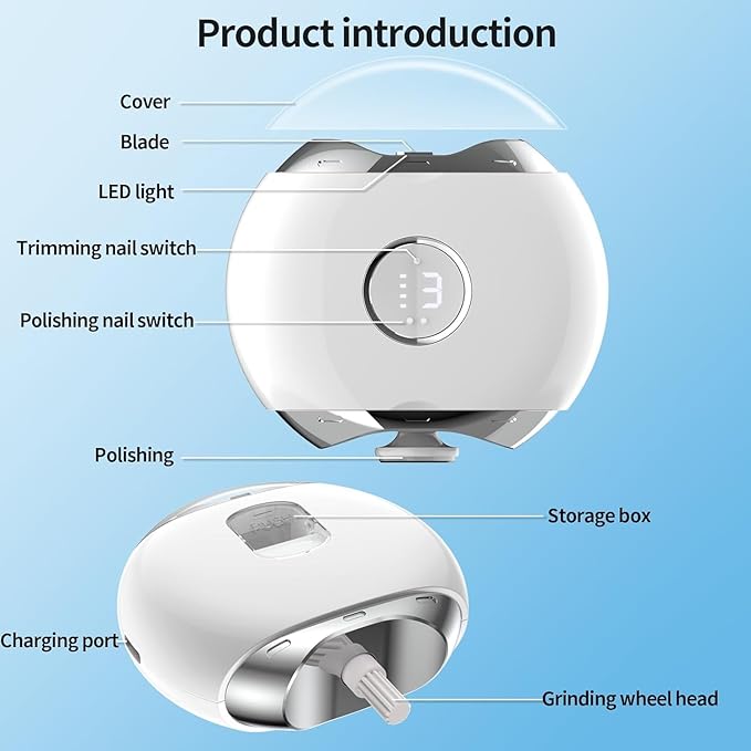 Electric Automatic Nail Clipper with LED Light & 3 Speeds,Fingernail Cutter and Polisher and Exfoliating 3 in 1 Design,Nail Scraps Storage Rechargeable Safety Fingernail Trimmer for Seniors and Adult