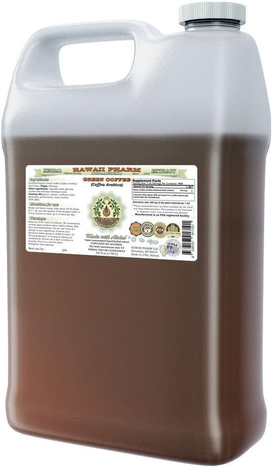 Green Coffee Alcohol-Free Liquid Extract, Green Coffee (Coffea Arabica) Dried Bean Glycerite Hawaii Pharm Natural Herbal Supplement 64 oz