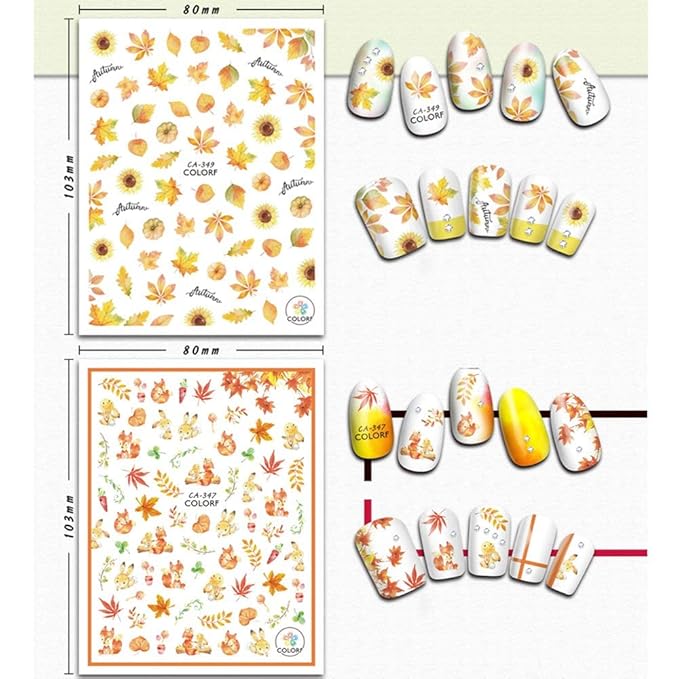 Kalolary Autumn Fall Nail Art Stickers Decals Maple Leaves Decals 3D Nail Stickers Harvest Pumpkin Maple Leaves Sunflower Squirrel for Women Girls Kids DIY Nail Design-12 Sheets