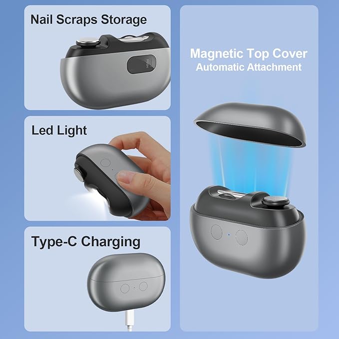 Fanyil Easyclip Smart Nail Clipper, 2025 Upgraded 3-in-1 Automatic Nail Trimmer with LED Light and Clip Storage, Safer for Infants, The Elderly, and Adults (Grey)