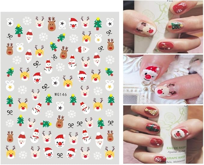 6 Sheets Christmas Nail Art Stickers 3D Snowflake Self-Adhesive Nail Decals Tree Bell Santa Claus Elk Sock Designs Sticker Xmas Winter Nails Supplies for Fingernails & toenail Charms Nail Art Decor
