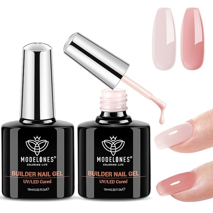 modelones Builder Nail Gel, 2 Pcs Cover Nude and Rose Pink Gel Builder for Thickening Apex Building 8-in-One Rubber Color Base Polish Strengthener Extension LED Lamp Cured 10 ml DIY Home Salon