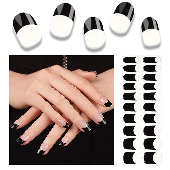 Semi Cured Gel Nail Strips, 20pcs Nail Polish Stickers, French Black Gel Nail Stickers - Work with Any UV Lamp, Long Lasting Full Wraps with Nails File and Stick
