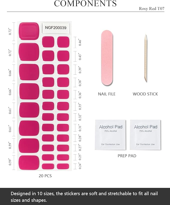 Semi Cured Gel Toenail Strips (Rosy Red T07), 32 Pcs Gel Pedi Stickers, Wraps, UV Light Required, Salon Quality, Long Lasting