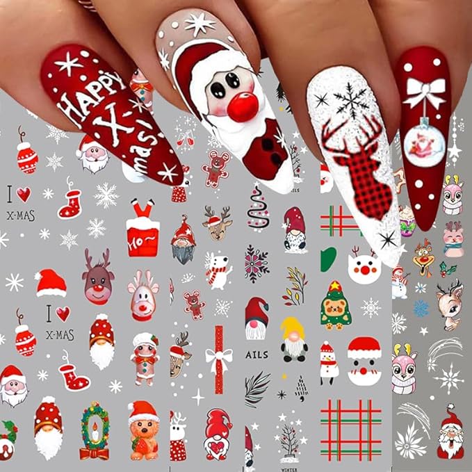 HNUIX Nail Stickers - Christmas 3D, Self Adhesive Nail Decals, Multi Colour Pattern, 10 Sheets, for Nail Art