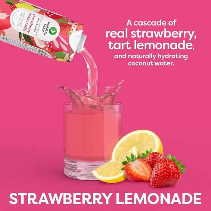 Greater Than Nutrient Hydration Beverage, Electrolyte Drink for Gut Health & Energy with Coconut Water, Vitamins, Gluten Free, Plant Based, Low Sugar, Strawberry Lemonade, 24 Pack