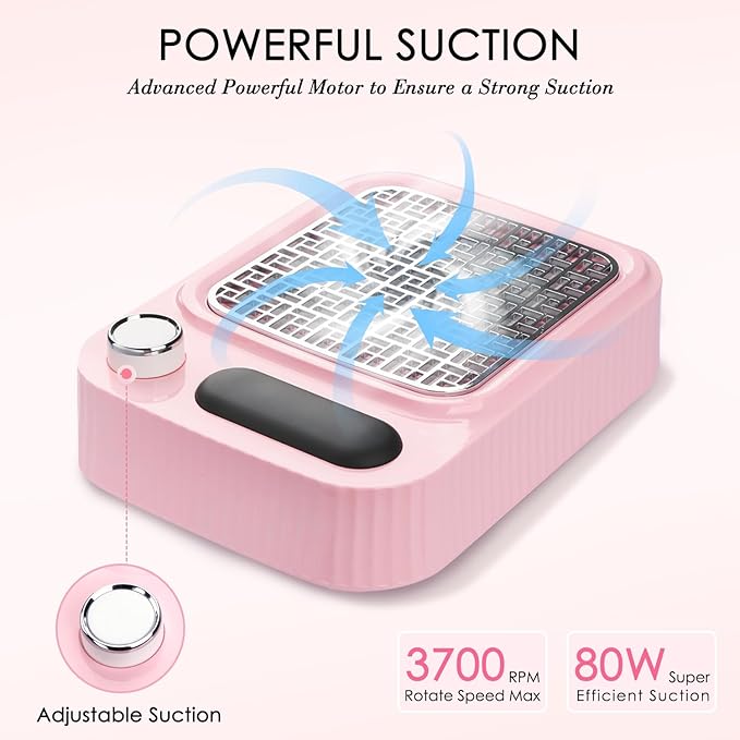 Pink Nail Dust Collector with Reusable Filter for Acrylic Gel Nails, 80W Power Nail Vacuum Cleaner Dust Catcher Adjustable Dust Sucker for Nails Manicure Pedicure at Home Nail Salons