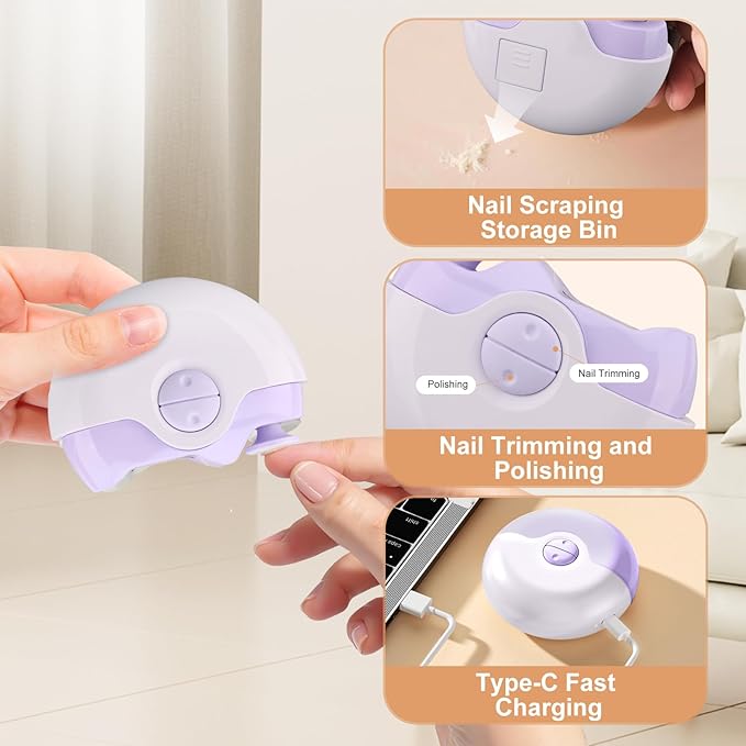 Electric Nail Clipper, 2 in 1 Electric Polishing Automatic Nail Clippers, Portable Electrics Nail Trimmer with Nail Chip Storage, Automatic Nails Clipper for Adults Children Elderly (Purple)
