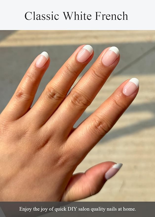Semi Cured Gel Nail Strips (Classic White French), 30 Pcs Gel Nail Wraps, Stickers, UV Light Required