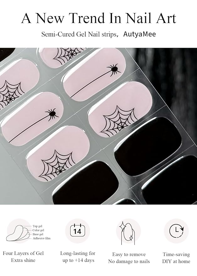 Semi Cured Gel Nail Strips (Black Spider Web), Halloween, 20 Pcs Gel Nail Wraps, Stickers, Salon Quality, Long Lasting, Works with Any Lamps