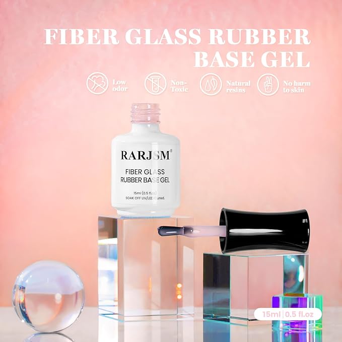 RARJSM Nude Soft Pink Fiber Glass Rubber Base Gel Nail Polish for Repair Broken Nails StrengthenerGel Base Coat Transparent Brush on Building Gel in a Bottle Soak Off UV LED Curing Requires 15ml