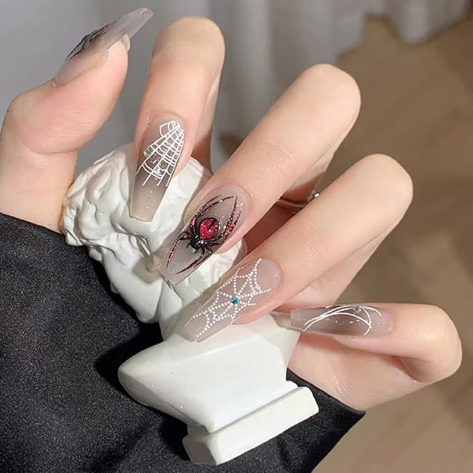 1Pcs Halloween Spider Nail Art Stickers 5D Embossed with Crystal Spider Nails Decals Glitter Heart Eyes Spiders Web Design Goth Nail Stickers Horror Halloween Nails Supplies for Women Acrylic Manicure