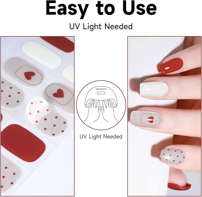 Semi Cured Gel Nail Strips, 28 pcs UV Gel Nail Stickers Full Nails Wraps for Women Home DIY Nails Art, UV Light Required(Love Polka Dots)