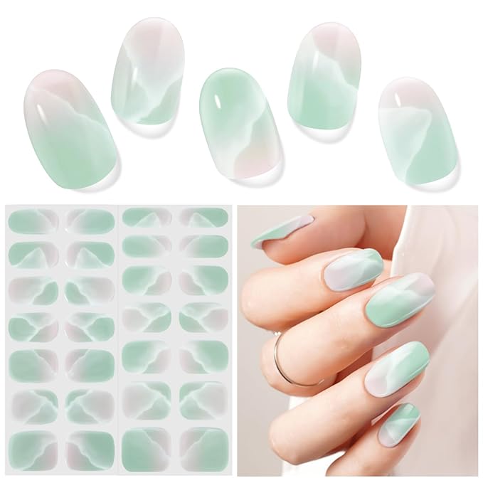 Semi Cured Gel Nail Strips, Green Waves | 28 pcs Gel Nail Strips Work with Any UV Lamp, Salon Quality UV Nails Stickers, Easy to Apply for Home Nails DIY