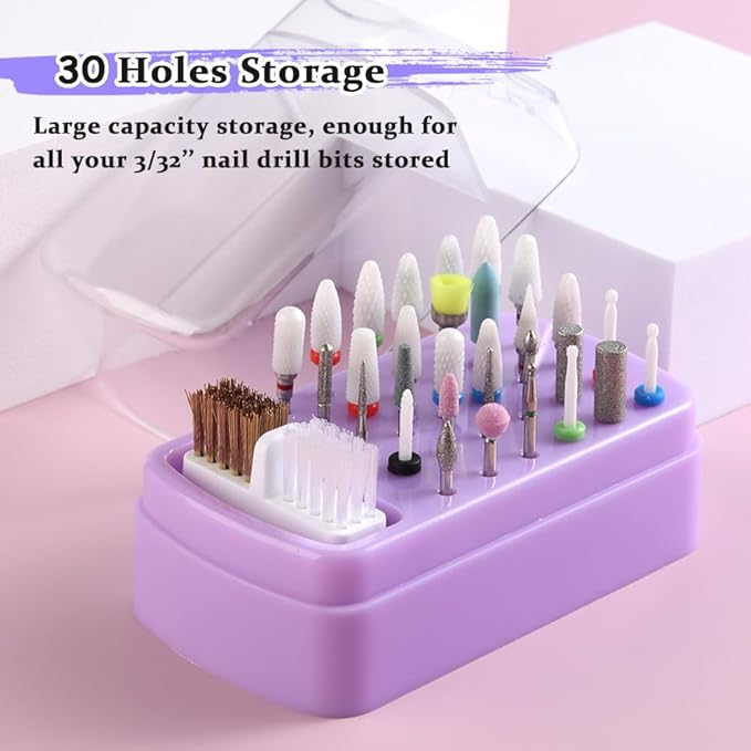 2 in 1 Nail Drill Bit Holder & Cleaner Brush Case, 30 Holes Dustproof Stand Display Storage Box with Steel Wire & Nylon Double Brush for Cleaning Tungsten Carbide Ceramic Nail Drill Bits Cuticle