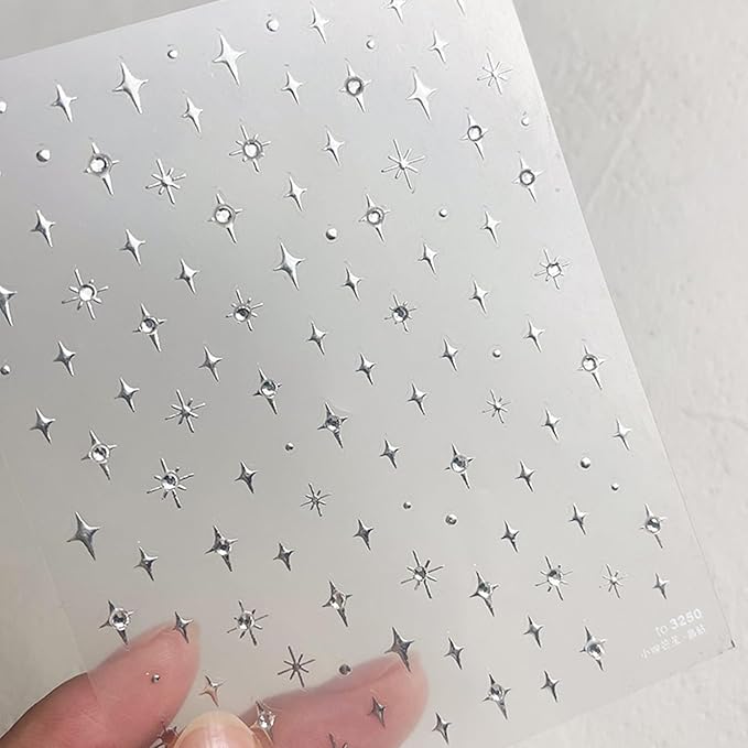 1Sheet Silver Star Nail Decals 5D Embossed Self-Adhesive Diamond Star Nail Sticker Shiny Rhinestones Stars Nail Design Holographic Stars Nails Decoration Mini Nails Supplies for Women Manicure DIY