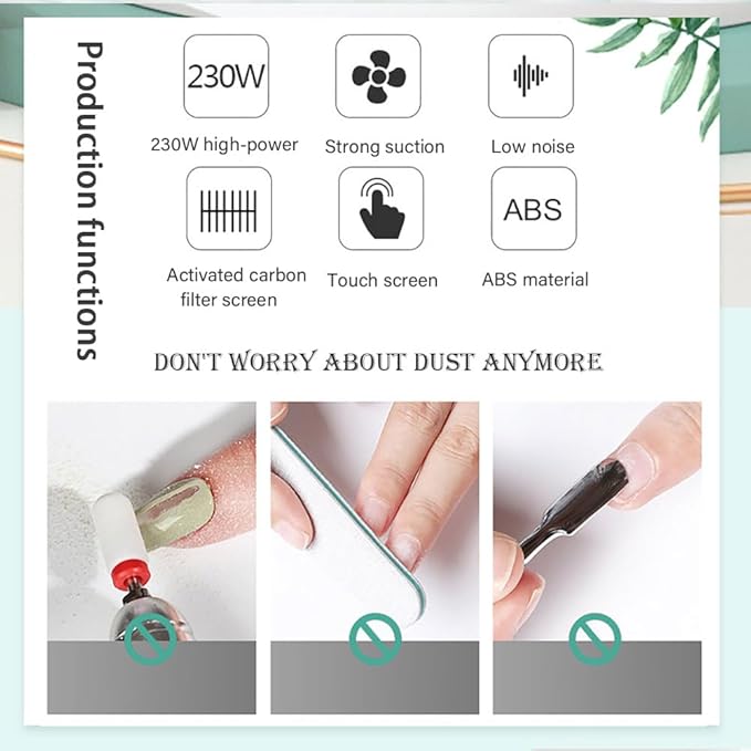 Nail Dust Collector 230W with LED Light and Polishing Drill 100-230V Multifunctional Nail Dust Extractor for Acrylic Gel Nails Polishing, Nail Salon (The machine with polishing drill)