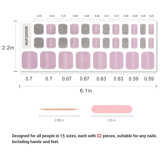 Semi Cured Gel Toenail Strips, 32 Petunia Purple Gel Toenail Stickers - Works with Any UV Lamps Pedicure Strips Full Nail Wraps with Nail File & Wood Stick