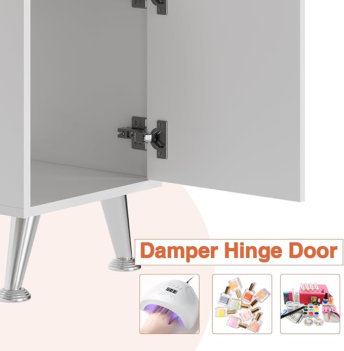 Manicure Table with Dust Collector, 42" Corner Nail Desk for Nail Tech with Pull-Out Polish Display Rack Arm Rest, Acetone Resistant Top, Drawers and Storage Cabinet
