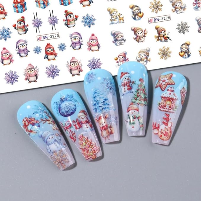 Christmas Nail Art Stickers Snowman Snowflake Water Transfer Nail Decals Xmas Winter Nail Art Decorations Cute Penguin Santa Claus Elk Gingerbread Man Gift Design Nail Foil Sticker for Women DIY Nails