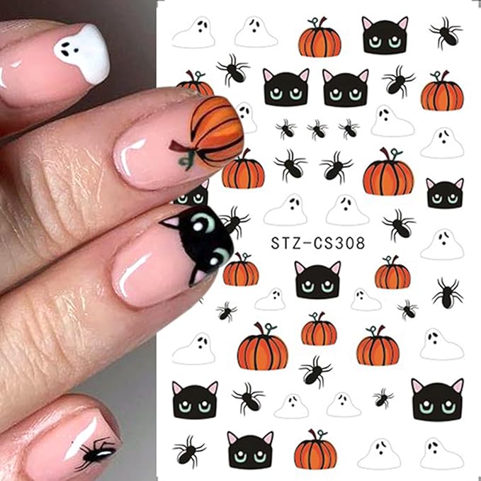 Halloween Nail Art Stickers Decals Mushroom Ghost Skull Nail Decals 6PCS 3D Ghosts Rose Skull Black Cat Pumpkin Spiders Halloween Design Nails Adhesive Sticker Supplies for Women DIY Manicure Nail Art