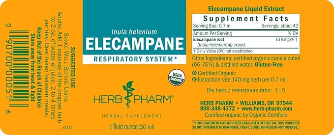 Herb Pharm Certified Organic Elecampane Liquid Extract for Respiratory System Support - 1 Ounce (DELECA01)
