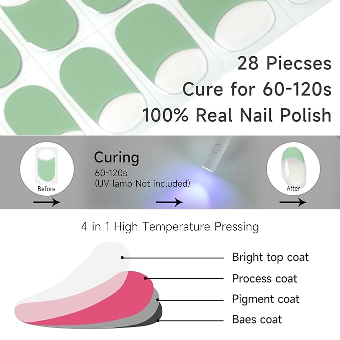 Semi Cured Gel Nail Strips, Green French | 28 pcs Gel Nail Strips Work with Any UV Lamp, Salon Quality UV Nails Stickers, Easy to Apply for Home Nails DIY