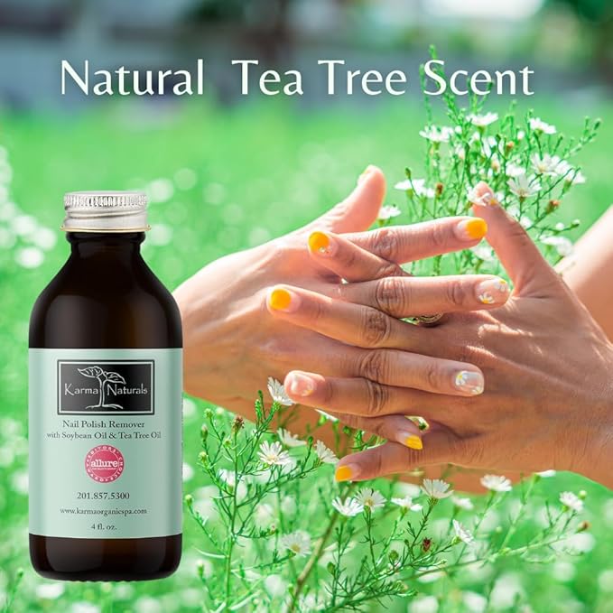 Karma Organic Nail Polish Remover with Soybean Oil and Tea Tree Oil- Non Toxic, Vegan, Cruelty Free, Acetone Free – Nails Strengthener for Fingernails – 4 fl. Oz