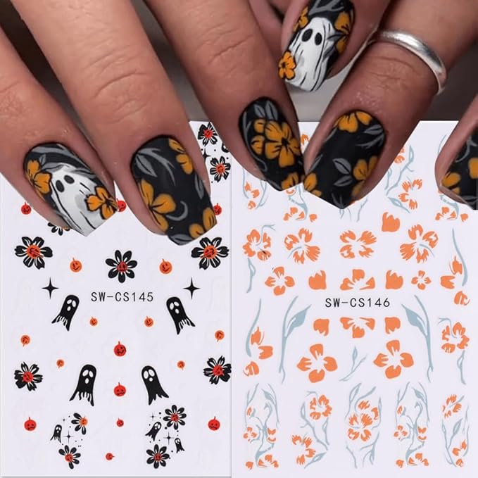 Halloween Nail Stickers Ghost Nail Decals DIY Self Adhesive Orange Black Floral Nail Design Cute Nail Decoration Supplies Holiday Manicure Accessories for Women Girls 6Pcs