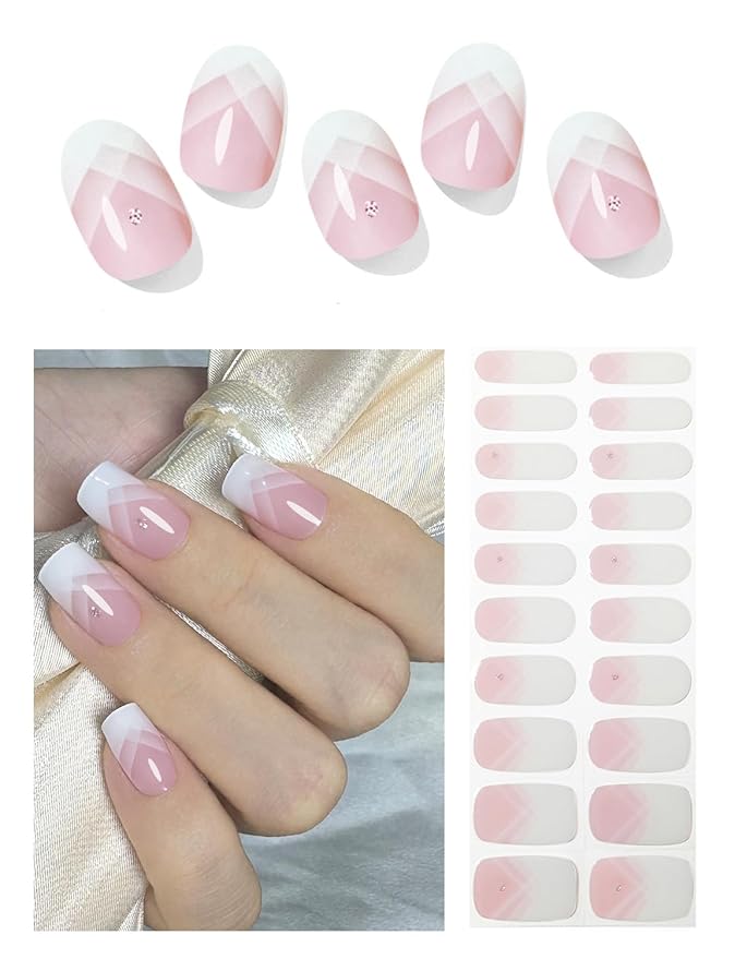 Semi Cured Gel Nail Strips, 20pcs French Gradient Gel Nail Stickers Work with UV, Easy to Use and Remove