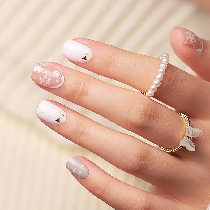 Semi Cured Gel Nail Strips, Christmas 20 PCS Nail Stickers Work with UV Light, Salon Quality & Easy to Use - Snowy Glow