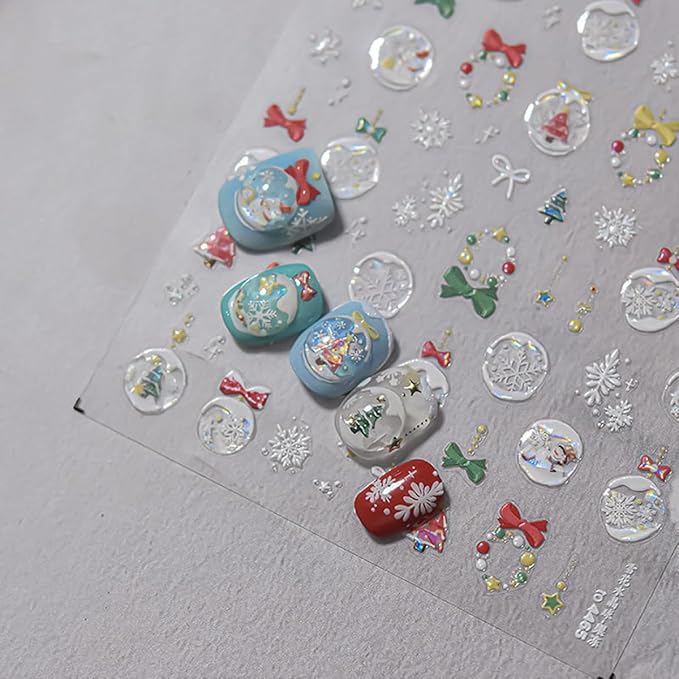 1 Sheet Christmas Nail Art Stickers Snowflake Nail Decals Bow Star Red Green Yellow Ball Christmas Nail Design Relief Wreath Stickers for Manicure Supplies for Women Nail Decoration