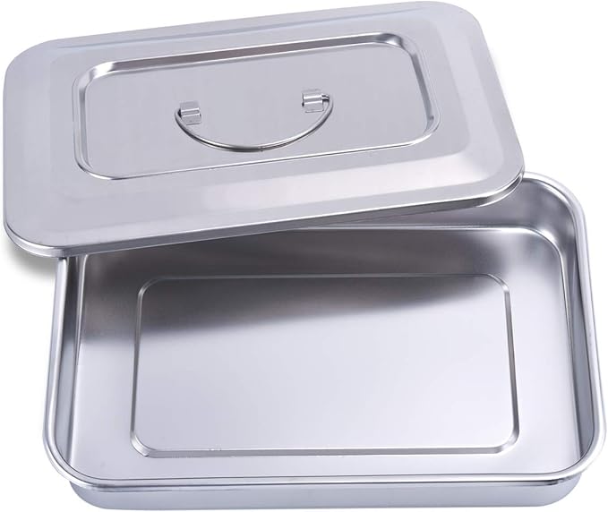 Medical Surgical Trays Stainless Steel Dental Instruments Tray Organizer Holder Sterilization Plate Trays Boxs with Lid & Handle Grip Large