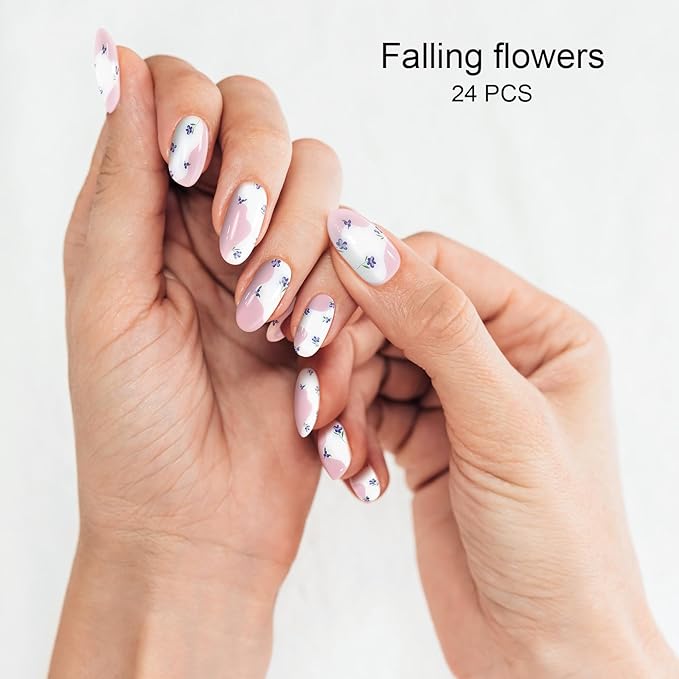 Semi Cured Gel Nail Strips, Falling Flowers| 28 pcs Gel Nail Strips Work with Any UV Lamp, Salon Quality UV Nails Stickers, Easy to Apply for Home Nails DIY