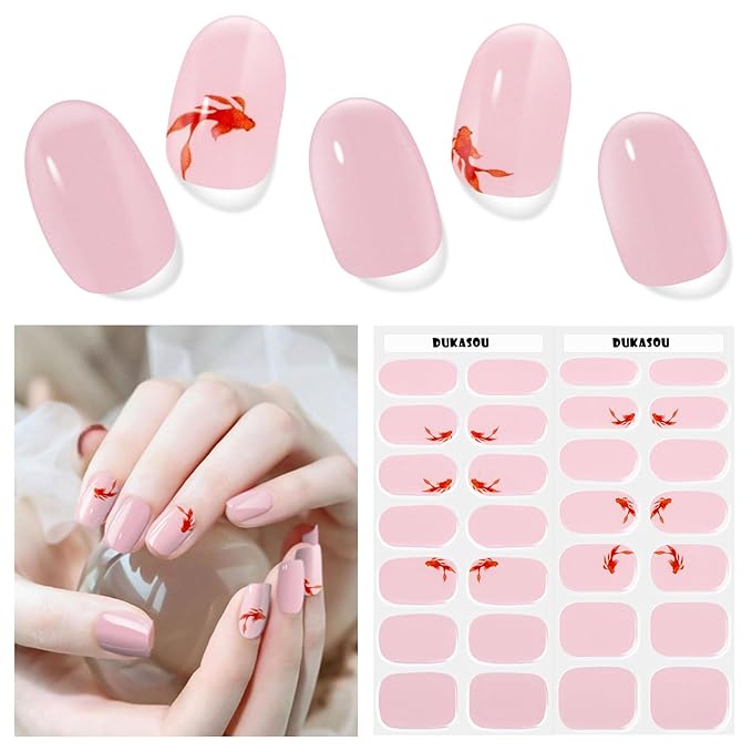 Semi Cured Gel Nail Strips, 28 pcs Gel Nail Stickers Work with Any UV Lights, Long-Lasting Nail Wraps, Stick on Nails for women Easy to Apply & Remove