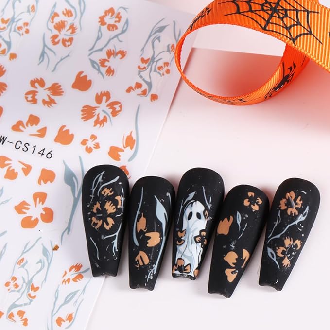 Halloween Nail Stickers Ghost Nail Decals DIY Self Adhesive Orange Black Floral Nail Design Cute Nail Decoration Supplies Holiday Manicure Accessories for Women Girls 6Pcs