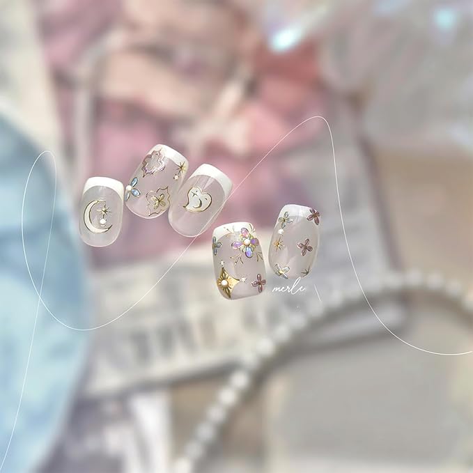 1 Sheets Bohemian Nail Art Stickers Decals 5D Embossed Holographic Glitter Moon Heart Nail Decals with Pearl Bohemian Design Flower Nail Stickers Moon Star Stickers for Nails Supplies Decoration