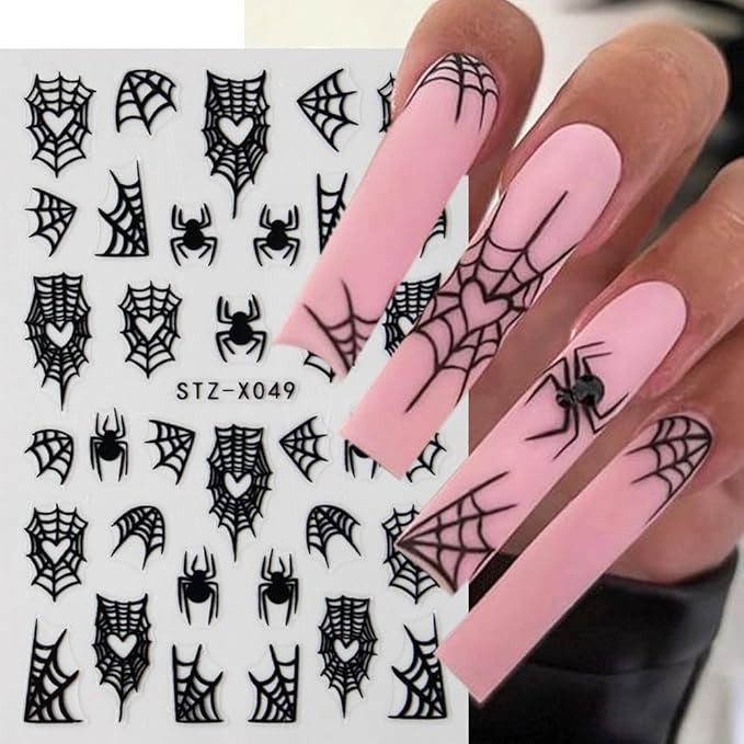 6Pcs Spider Web Halloween Nail Stickers Spider Nail Decals Self Adhesive Black Cobweb Spider Nail Design Stickers Halloween Nail Decoration Supplies Holiday Manicure Accessories for Women