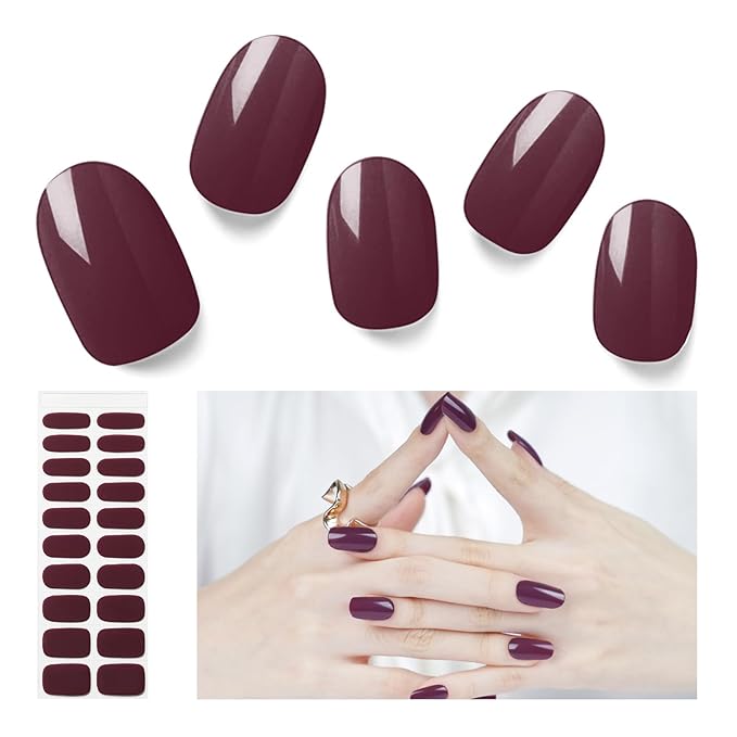 Semi Cured Gel Nail Strips, 20 PCS Gel Nail Stickers Work with UV Light, Salon Quality & Easy to Use - Dark Night Purple